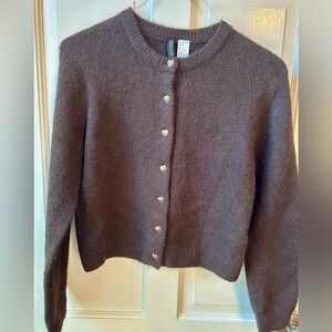 Divided Sweater XS Cropped Long Sleeve Button Stretch Brown with Heart Buttons